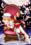  armchair barefoot blonde_hair chair flandre_scarlet hat head_rest kazami_haruki leaning red_eyes solo touhou wings 