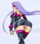  ass blindfold fate/stay_night fate_(series) kikuta long_hair panties pantyshot purple_hair rider solo striped striped_panties thighhighs underwear 