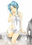  blue_hair breasts chidori_kaname full_metal_panic! hair_bun ichijou_tenko no_panties nude one_eye_closed onsen solo towel yellow_eyes 