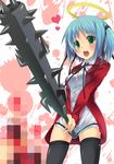  blood blue_hair bokusatsu_tenshi_dokuro-chan censored censored_violence club excalibolg green_eyes halo kanabou mitsukai_dokuro mizuki_makoto mosaic_censoring ribbon school_uniform short_hair solo thighhighs twintails weapon zettai_ryouiki 