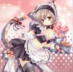  animal_ears breasts brown_hair cat_ears cleavage copyright_request drill_hair food gloves highres large_breasts maid orange_eyes paw_gloves paws ribbon short_hair solo tail taiyaki tatekawa_mako thighhighs wagashi 