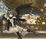  black_hair boots cross frills gothic greek_cross kneehighs latin_cross long_hair mizusawa_hikaru open_clothes open_shirt original red_eyes shirt sitting socks solo wings 