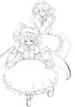  bat_wings greyscale hat izayoi_sakuya kiriu knife maid maid_headdress monochrome multiple_girls outstretched_arms remilia_scarlet short_hair sketch spread_arms touhou wings wrist_cuffs 