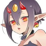  1girl bare_shoulders collar desco_(disgaea) disgaea earrings hair_between_eyes highres horns jewelry makai_senki_disgaea_4 monster_girl pointy_ears purple_hair red_eyes short_hair 