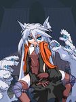  between_legs blue_eyes collar gloves hand_between_legs living_hair long_hair looking_at_viewer mof mof's_silver_haired_twintailed_girl oekaki original red_gloves red_legwear rock shorts silver_hair sitting solo spread_legs thighhighs very_long_hair 