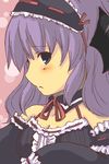  :&lt; aoi_tobira blush breasts cleavage detached_collar frills hairband hanyuu higurashi_no_naku_koro_ni horns lolita_fashion lolita_hairband looking_away maid purple_eyes purple_hair ribbon_trim small_breasts solo 