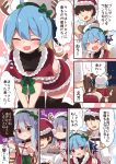  &gt;_&lt; 1boy 2girls admiral_(kantai_collection) all_fours alternate_costume antlers black_eyes black_legwear blonde_hair blue_hair capelet comic commentary_request empty_eyes fang frilled_skirt frills fur-trimmed_skirt fur_trim gradient_hair hat hibiki_(kantai_collection) highres kantai_collection long_hair multicolored_hair multiple_girls noose open_mouth red_eyes reindeer_antlers rope sado_(kantai_collection) sailor_hat silver_hair skirt suzuki_toto thighhighs translation_request white_hat window yandere 