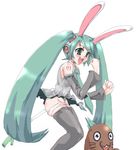  animal_ears aqua_hair bunny_ears hatsune_miku long_hair negi_suppository panties panty_pull solo spring_onion thighhighs twintails underwear very_long_hair vocaloid 