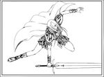  armor artist_request cape claymore claymore_(sword) faulds greaves greyscale holding holding_sword holding_weapon irene_(claymore) long_hair monochrome pauldrons pointy_ears solo sword vambraces weapon 