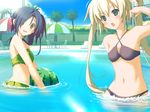  :o adjusting_hair annoyed ball bandeau beachball bikini black_bikini blonde_hair blue_hair blush chain chair criss-cross_halter day food fruit green_bikini green_eyes halter_top halterneck happy_margaret! highres holding holding_food holding_fruit kokonoka light_rays long_hair lounge_chair multiple_girls navel nishinomiya_shizuru open_mouth outdoors palm_tree parasol partially_submerged pool rindou_saki side_ponytail sunbeam sunlight surprised swimsuit table tree twintails umbrella v-shaped_eyebrows wading water watermelon_beachball yellow_eyes 