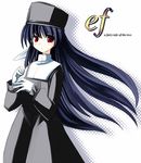  amamiya_yuuko black_hair copyright_name cowboy_shot ef gloves hat long_hair looking_at_viewer own_hands_together red_eyes seo_tatsuya simple_background solo very_long_hair white_background white_gloves 
