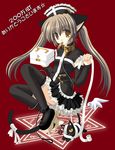  animal_ears bandages bandaid brown_eyes brown_hair cat cat_ears copyright_request gothic long_hair maid mouth_hold nekoneko skirt solo tail thighhighs twintails 