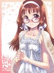  brown_hair glasses hairband lingerie nightgown original purple_eyes shawl solo suzuki_hanako underwear 