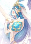  1girl aqua_(fire_emblem_if) blue_hair dress elbow_gloves fingerless_gloves fire_emblem fire_emblem_heroes fire_emblem_if gloves hair_between_eyes hairband highres jewelry long_hair music nakabayashi_zun nintendo open_mouth simple_background singing solo veil very_long_hair white_background yellow_eyes 