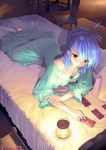  bare_shoulders barefoot bed blue_hair card copyright_request downblouse lamp lingerie long_hair lowres lying lying_card nightgown nose_shade on_bed on_side ponytail purple_eyes solo tarot ueda_ryou underwear very_long_hair 