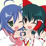  ahoge bangs bare_shoulders black_hair bluepony bow brown_eyes crossover detached_sleeves eyebrows eyebrows_visible_through_hair green_eyes hair_between_eyes hair_bow hair_tubes hakurei_reimu heart heart_hands heart_hands_duo izumi_konata long_sleeves lucky_star mole mole_under_eye multiple_girls one_eye_closed open_mouth purple_hair short_hair smile touhou 