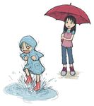  ayase_ena boots emoncake. koiwai_yotsuba lowres multiple_girls o_o puddle raincoat rubber_boots splashing umbrella yotsubato! 