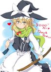  apron blonde_hair bow card green_scarf hair_bow hat hat_bow heart hits holding holding_card kirisame_marisa konata_gazel scarf solo touhou white_bow witch_hat yellow_eyes 