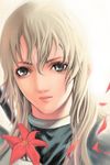  artist_request behind_back blonde_hair claymore closed_mouth collar face flora_(claymore) flower holding light_rays light_smile lips looking_at_viewer petals red_flower sheath sheathed silver_eyes simple_background solo sword upper_body weapon white_background 
