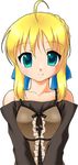  artoria_pendragon_(all) bare_shoulders blonde_hair fate/stay_night fate_(series) green_eyes lowres manji_taba saber solo 