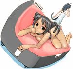  animal_ears barefoot breast_press breasts can cat_ears couch drink kimura_daisuke medium_breasts multiple_girls original tail 
