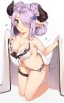  1girl :d bangs bare_arms bare_legs bare_shoulders bikini blue_eyes braid breasts cleavage collarbone commentary_request earrings front-tie_bikini front-tie_top gin00 granblue_fantasy hair_over_one_eye heart horns jewelry kneeling large_breasts lavender_hair leaning_forward long_hair looking_at_viewer narmaya_(granblue_fantasy) narumeia_(granblue_fantasy) navel open_mouth pointy_ears side-tie_bikini sidelocks simple_background smile solo star star_earrings stomach swept_bangs swimsuit thigh_strap thighs white_background white_bikini 