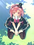  copyright_request food from_above hat inato_serere kneeling looking_up mini_hat mini_top_hat mouth_hold pink_eyes pink_hair popsicle solo thighhighs top_hat 