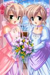  antenna_hair artist_request bare_shoulders blue_eyes blue_wedding_dress blush bride brown_hair dress flower green_eyes hajimete_no_orusuban happy highres mizuki_saori mizuki_shiori multiple_girls open_mouth pink_wedding_dress purple_neckwear siblings smile twins wedding_dress 