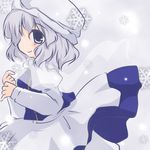  apron blue_eyes dress from_side futami_yayoi grey_hair hat juliet_sleeves letty_whiterock long_sleeves profile puffy_sleeves short_hair smile snowflakes snowing solo touhou 
