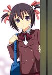  :o bag bamboo_blade blazer blue_eyes blush brown_hair handbag jacket jimeko kawazoe_tamaki long_sleeves looking_at_viewer parted_lips peeking school_bag short_hair solo twintails upper_body 