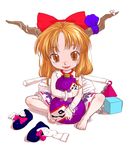  barefoot blue_ribbon bow chain chibi feet gourd hair_bow horn_ornament horn_ribbon horns ibuki_suika kiriu long_hair orange_eyes orange_hair red_bow ribbon smile solo touhou younger 