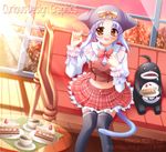  animal_ears blue_hair cake cat_ears copyright_request evemoina food pastry plaid plaid_skirt skirt solo tail thighhighs yellow_eyes 