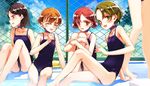  :d black_school_swimsuit breasts chain-link_fence choker day fence flat_chest leg_hug legs long_legs multiple_girls neck_ribbon one-piece_swimsuit onodera_asahi ooyari_ashito open_mouth outdoors period pool poolside ribbon sawatari_aoi school_swimsuit short_hair sitting skinny small_breasts smile swimsuit thighs yazuki_miyu 