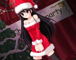  black_eyes black_hair breasts christmas cleavage copyright_request dress long_hair lowres medium_breasts santa_costume solo strapless strapless_dress taniguchi_mai thighhighs 