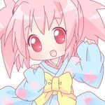  bow chibi edomae_lunar japanese_clothes kimono long_sleeves looking_at_viewer mirai_(sugar) pink_hair red_eyes seto_no_hanayome simple_background solo upper_body white_background wide_sleeves yellow_bow 