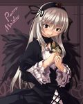  black_dress black_wings closed_mouth cowboy_shot cross-laced_clothes dress frills hairband hands_on_own_chest head_tilt hino_akira lolita_hairband long_hair looking_at_viewer red_eyes rozen_maiden silver_hair smile solo suigintou wings 