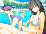  :d afloat ass bent_over bikini black_hair blonde_hair blue_eyes chair cloud day from_behind from_side game_cg happy_margaret! highres innertube kitanoji_nozomi kokonoka leaning_forward lifeguard_chair long_hair looking_at_viewer lounge_chair minahase_karin_hortensia multiple_girls one-piece_swimsuit open_mouth outdoors palm_tree pool poolside purple_eyes purple_hair reclining short_hair sideways_mouth smile standing swimsuit tree tsuwabuki_akira yellow_eyes 