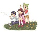  ayase_ena child closed_eyes dandelion emoncake. flower green_hair hayasaka_miura koiwai_yotsuba multiple_girls quad_tails raglan_sleeves reverse_trap short_hair smile yotsubato! 