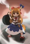  aoi_tobira ball_and_chain bangs black_footwear blush bow chain eyebrows full_body horns ibuki_suika long_hair looking_at_viewer orange_eyes orange_hair red_bow shirt shoes skirt sleeveless smile socks solo standing touhou very_long_hair white_legwear white_shirt wrist_cuffs 