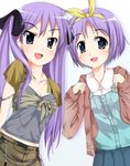  casual hiiragi_kagami hiiragi_tsukasa lowres lucky_star misaki_takahiro multiple_girls purple_hair tsurime 