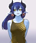  arms_behind_back artist_request astaroth_(shinrabanshou) black_sclera blue_hair blue_skin breasts demon_girl earrings horns jewelry large_breasts long_hair one-piece_swimsuit pointy_ears shinrabanshou sideboob smile solo swimsuit yellow_eyes 