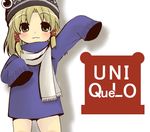  :3 alternate_costume aoi_tobira blonde_hair brown_eyes contemporary hair_ribbon hat moriya_suwako ribbon scarf sleeves_past_wrists smile solo sweater touhou uniqlo 