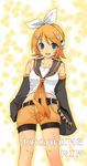  :d bare_shoulders belt blonde_hair blue_eyes blush bow detached_sleeves hair_ornament hairclip headphones kagamine_rin midriff open_mouth sazame shirt short_hair shorts sleeveless sleeveless_shirt sleeves_past_wrists smile solo vocaloid 