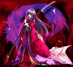  black_hair bug butterfly closed_eyes copyright_request demon fox hisame_shizuki insect japanese_clothes katana kimono long_hair ootachi ribbon solo sword weapon 