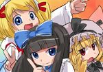  bangs blonde_hair blue_eyes blunt_bangs bow brown_hair face hair_bow hat hirosato index_finger_raised looking_at_viewer luna_child multiple_girls open_mouth red_eyes short_hair smile star_sapphire sunny_milk touhou v wings 