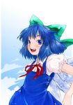  blue_eyes blue_hair bow cirno cloud day hair_bow kiriu open_mouth outdoors puffy_short_sleeves puffy_sleeves short_hair short_sleeves sky solo standing touhou 