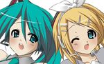  ;d aqua_hair aqua_neckwear bangs bare_shoulders blonde_hair blue_eyes blush collarbone eyebrows_visible_through_hair grey_shirt hair_between_eyes hair_ribbon hairband hatsune_miku headphones headset kagamine_rin lowres multiple_girls necktie one_eye_closed open_mouth ribbon shirt short_hair sleeveless sleeveless_shirt smile swept_bangs upper_body vocaloid white_ribbon yusya 