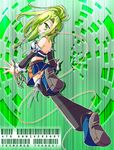  abstract_background artist_request bare_shoulders beatmania beatmania_iidx blue_skirt detached_sleeves from_behind full_body green_eyes green_hair kitami_erika long_hair lowres miniskirt ponytail running shoe_soles shoes short_hair skirt solo 