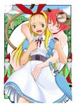  1girl alice_(wonderland) alice_in_wonderland artist_request blonde_hair card card_creature cheshire_cat green_eyes imminent_rape jpeg_artifacts red_hair slit_pupils surprised tree umbrella white_rabbit yellow_eyes 