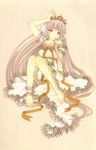  ankle_cuffs arm_support arm_up bangs bare_shoulders barefoot chii chobits clamp crown dress elda full_body hair_tubes knees_together_feet_apart knees_up lace lace-trimmed_dress long_hair looking_at_viewer off_shoulder orange_eyes orange_ribbon ribbon simple_background sitting solo very_long_hair 